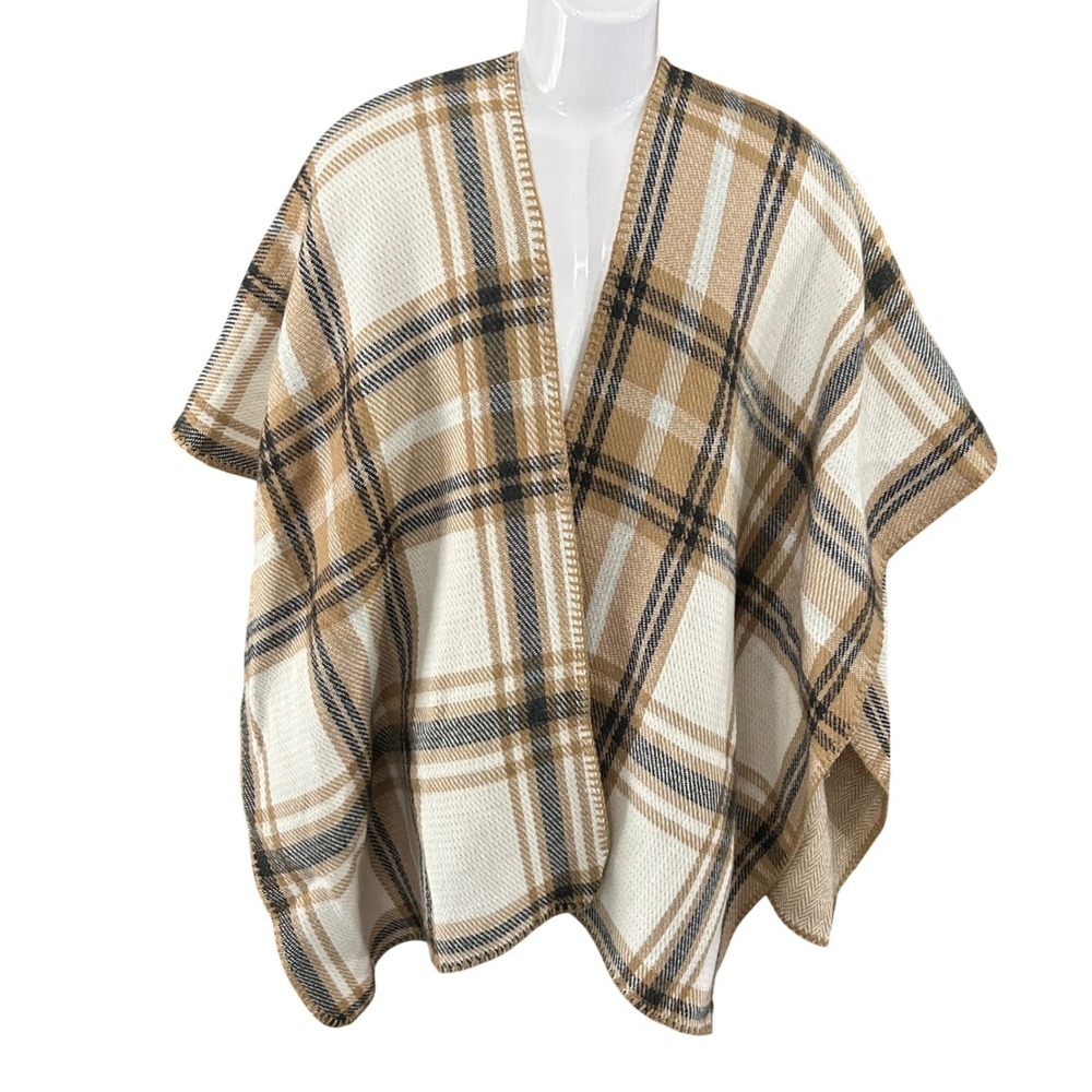 Woolrich Poncho Wrap Reversible Womens OS Tan Plaid Herringbone Cabin Core